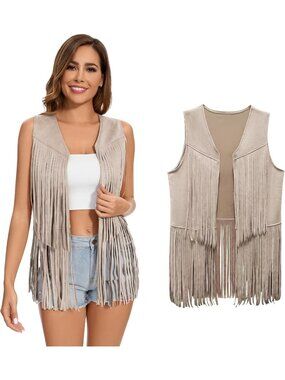 Women's Apricot Fringe Vest 70s Hippie Vest Sleeveless Cowgirl Western Jacket
